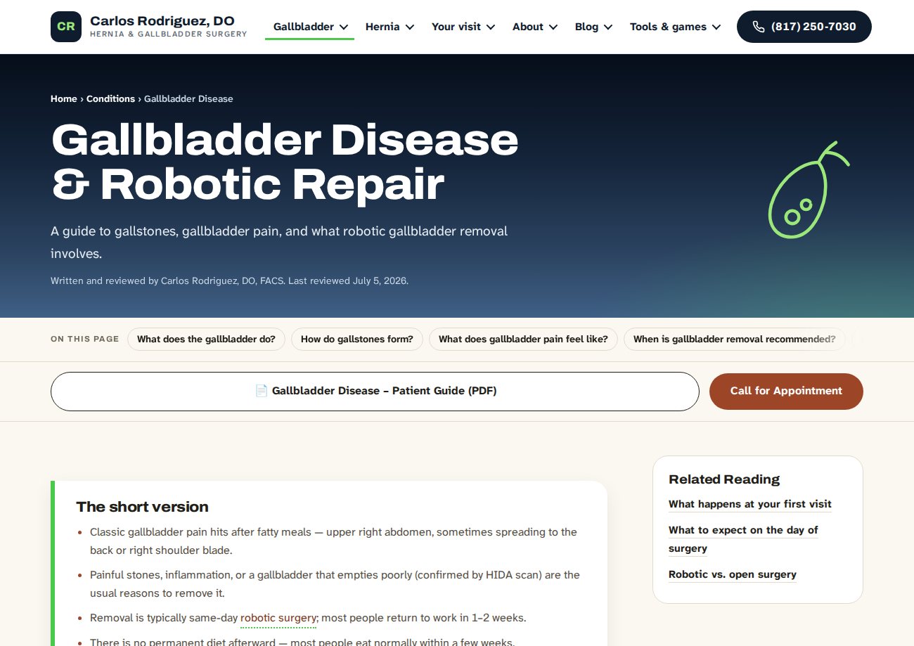 A condition guide page titled Gallbladder Disease and Robotic Repair, with a plain-language subtitle, a prominent link to the matching patient handout PDF, a boxed short-version summary of four bullet points, and a related-reading sidebar.