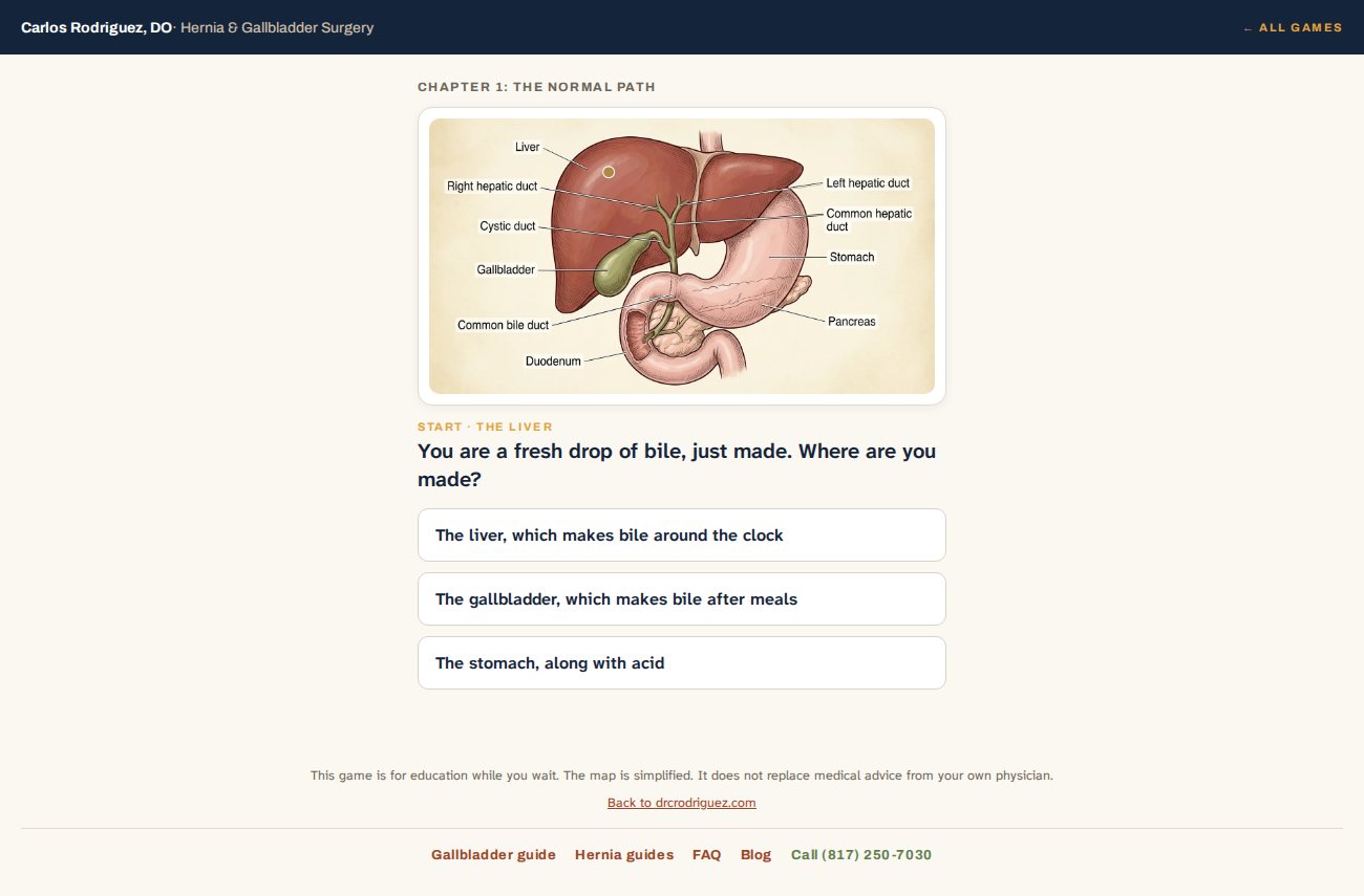 A waiting-room game called The Bile Trail, showing Chapter 1: The Normal Path, a question asking where bile is made, and three answer choices.