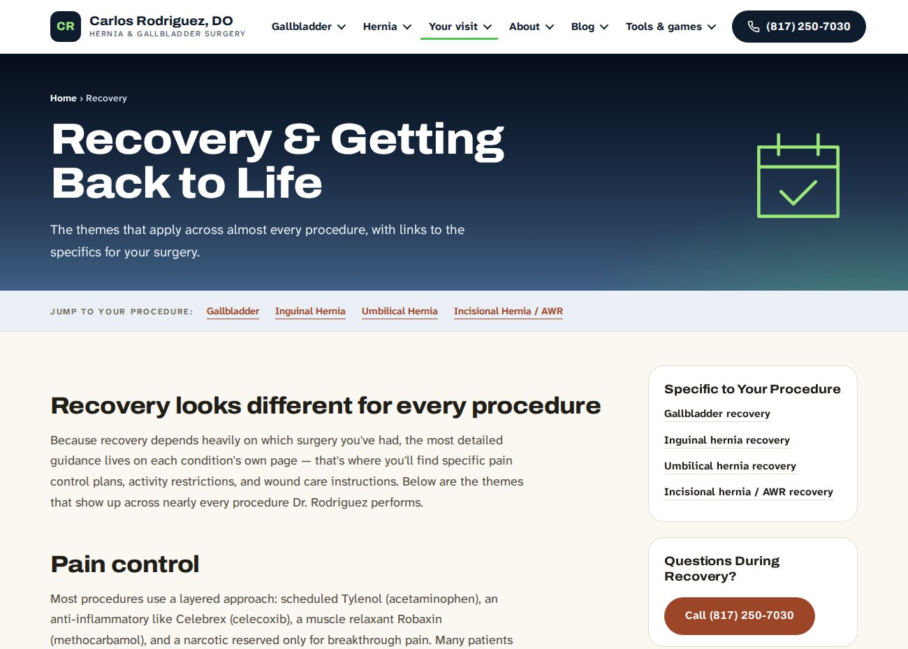 A recovery page titled Recovery and Getting Back to Life, with a jump bar linking to gallbladder, inguinal hernia, umbilical hernia and incisional hernia recovery, a section explaining that recovery differs by procedure, and a pain-control section naming specific medicines.