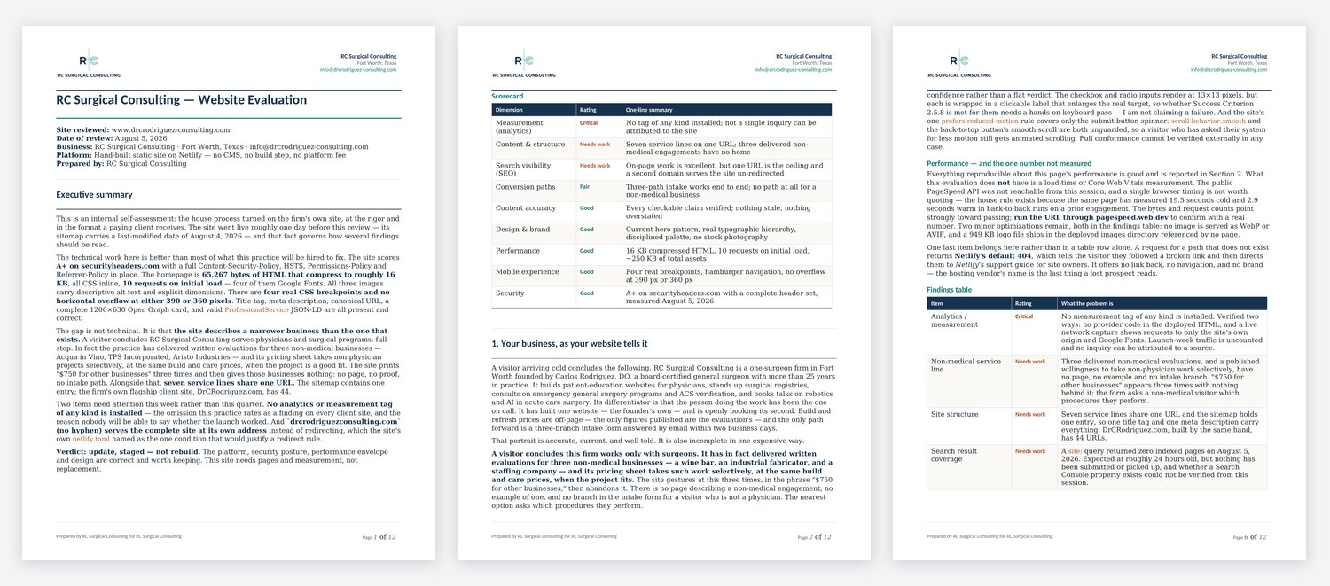 Three pages of a finished RC Surgical Consulting website evaluation on letterhead: the cover page with the executive summary, a page showing the ten-area scorecard with Critical, Needs work, Fair and Good ratings, and a page showing the findings table with the measurement behind each finding.