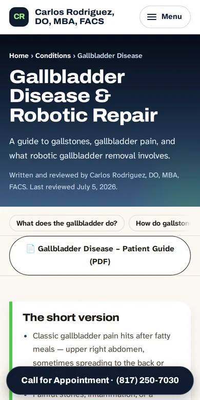 The Gallbladder Disease and Robotic Repair page on DrCRodriguez.com, shown on a phone