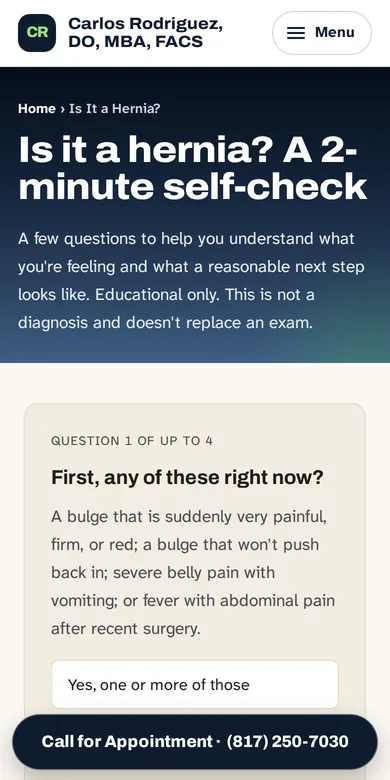 The Is it a hernia self-check on DrCRodriguez.com, asking about warning signs first