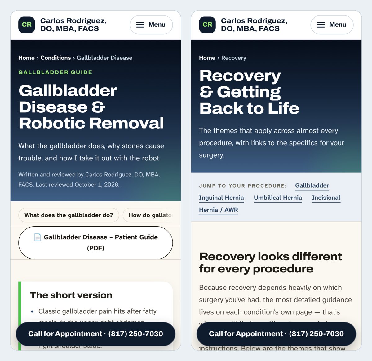 Two phone screens from DrCRodriguez.com: the gallbladder disease guide and the recovery page