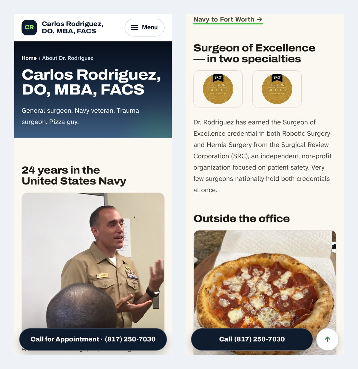 Two phone screens from the About page of DrCRodriguez.com: the opening line under his name, and his credentials followed by a section about life outside the office