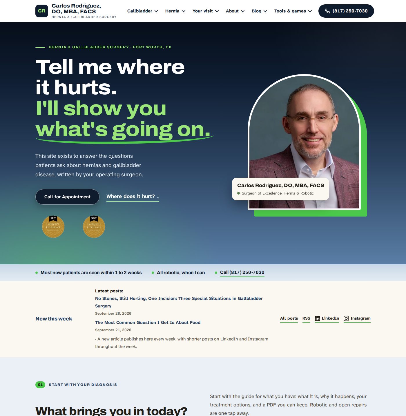 Homepage of DrCRodriguez.com, a patient-education website for a Fort Worth hernia and gallbladder surgery practice
