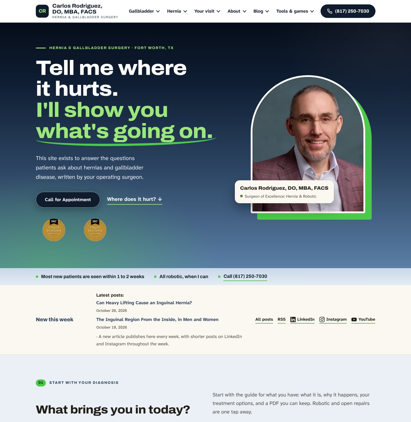 Homepage of DrCRodriguez.com, a hernia and gallbladder surgery site written by the surgeon