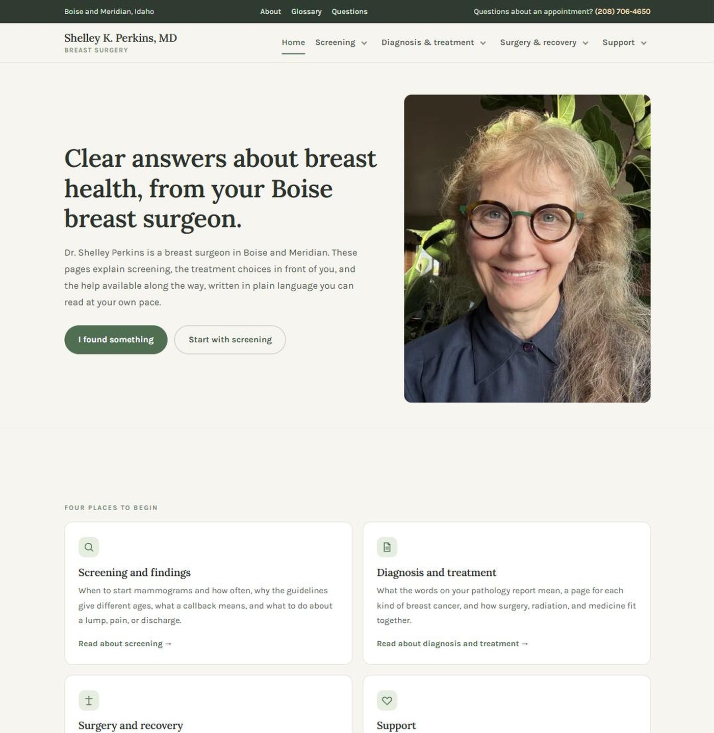 Homepage of DrSPerkins.com, a patient-education website for a breast surgery practice in Boise, Idaho