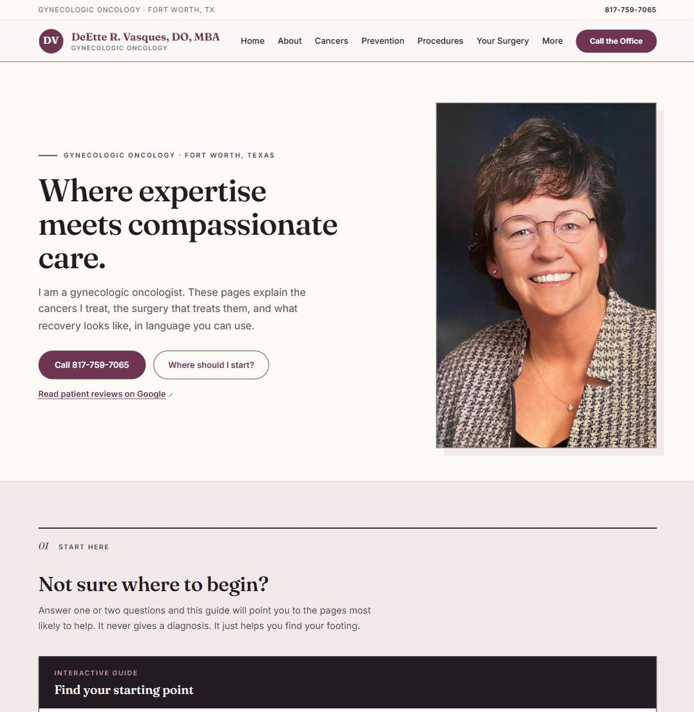 Homepage of DrVasques.com, a patient-education website for a Fort Worth gynecologic oncology practice