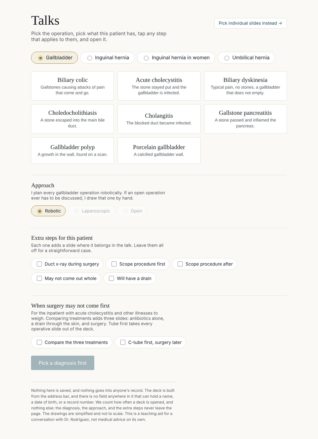The teaching deck picker on DrCRodriguez.com, showing four talks to choose from, eight gallbladder diagnoses, the robotic approach, and the optional extra steps